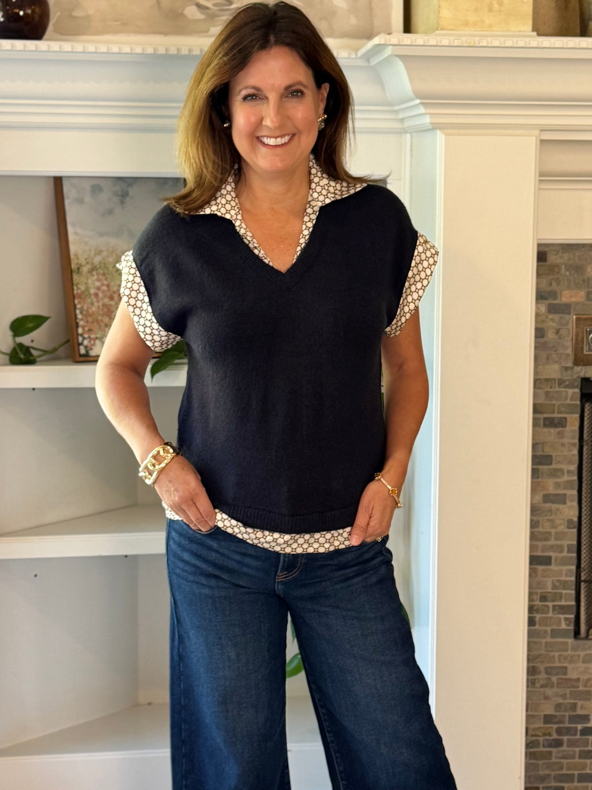 THML Peek of Print Knit Top - Navy