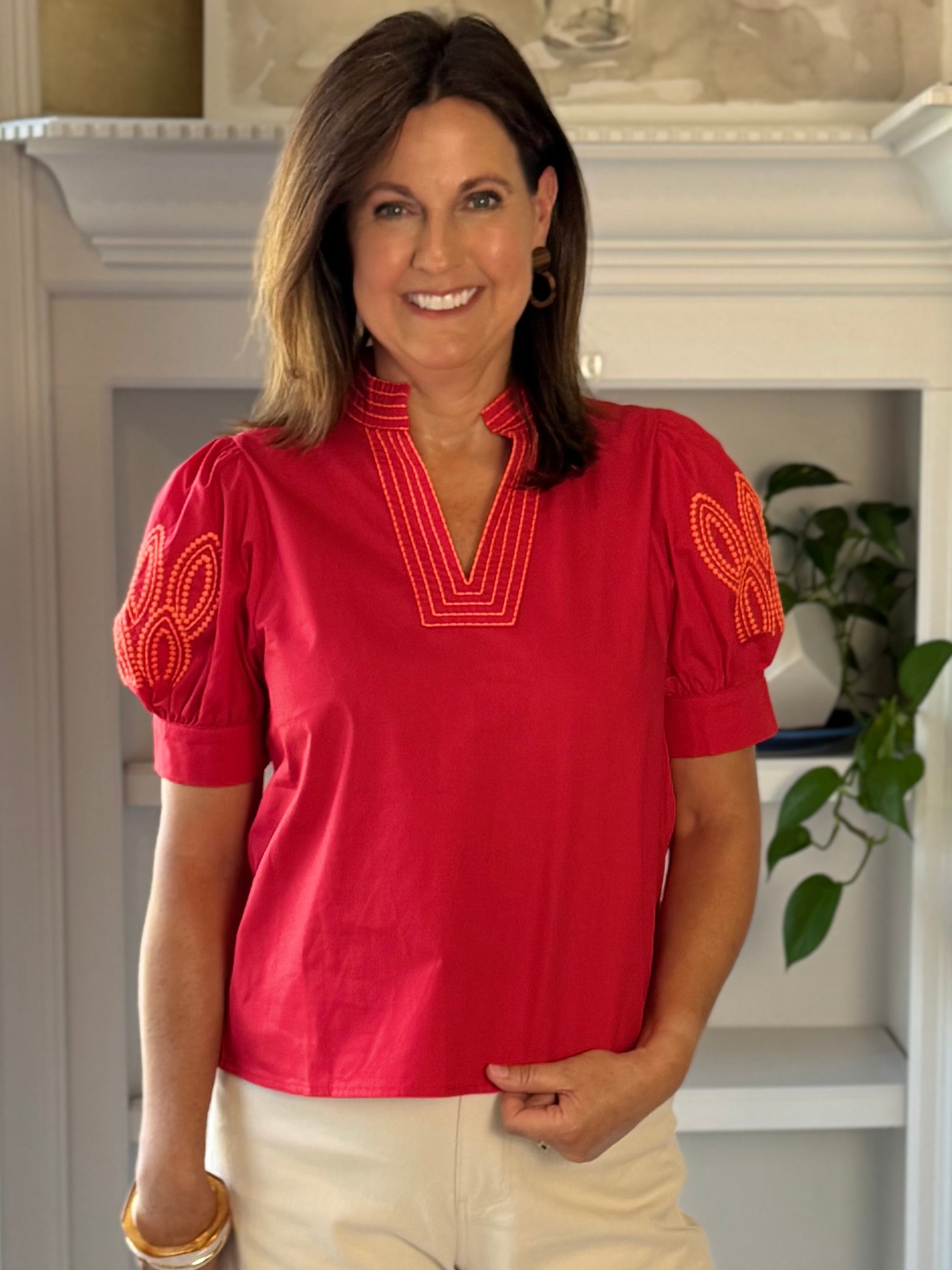 Statement Red Embroidered Top