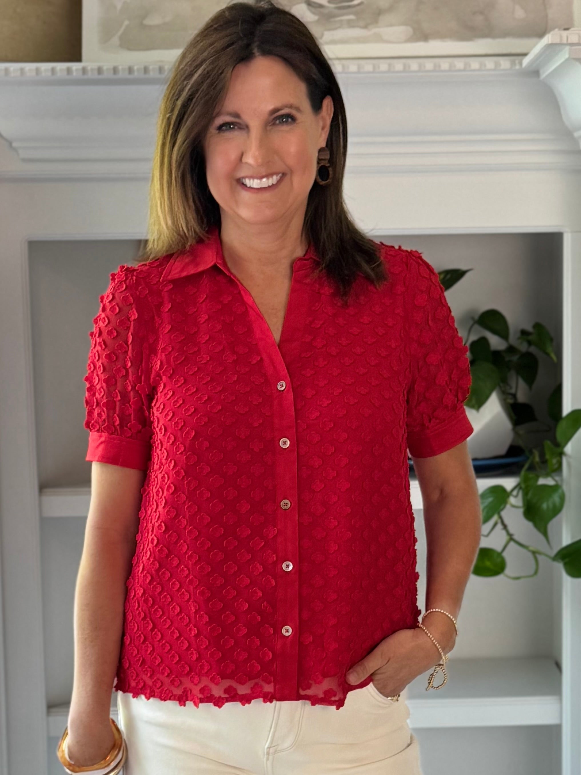 Current Air Striking Red Textured Blouse