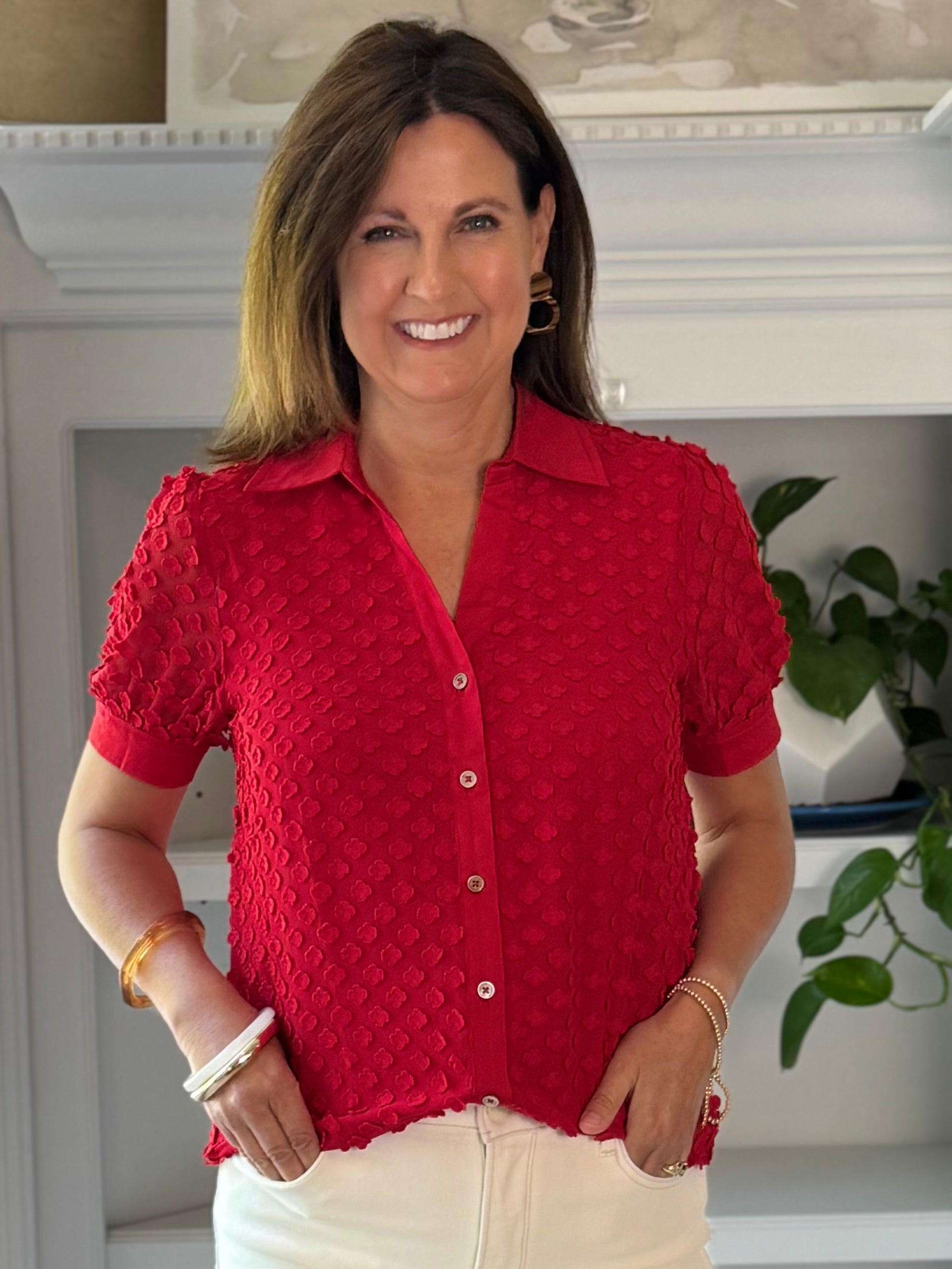 Current Air Striking Red Textured Blouse