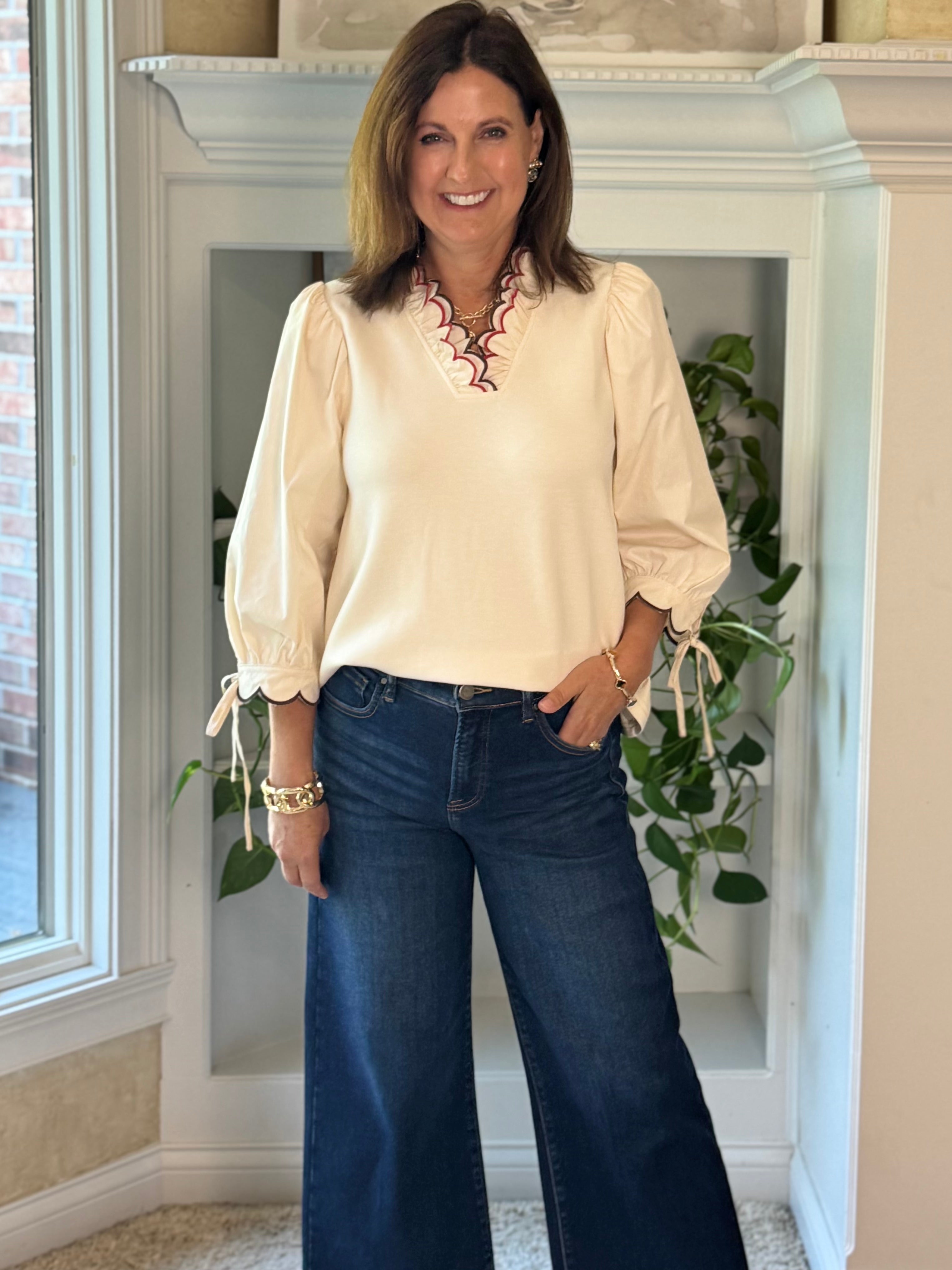 Scalloped Grace Long-Sleeve Top - Ivory