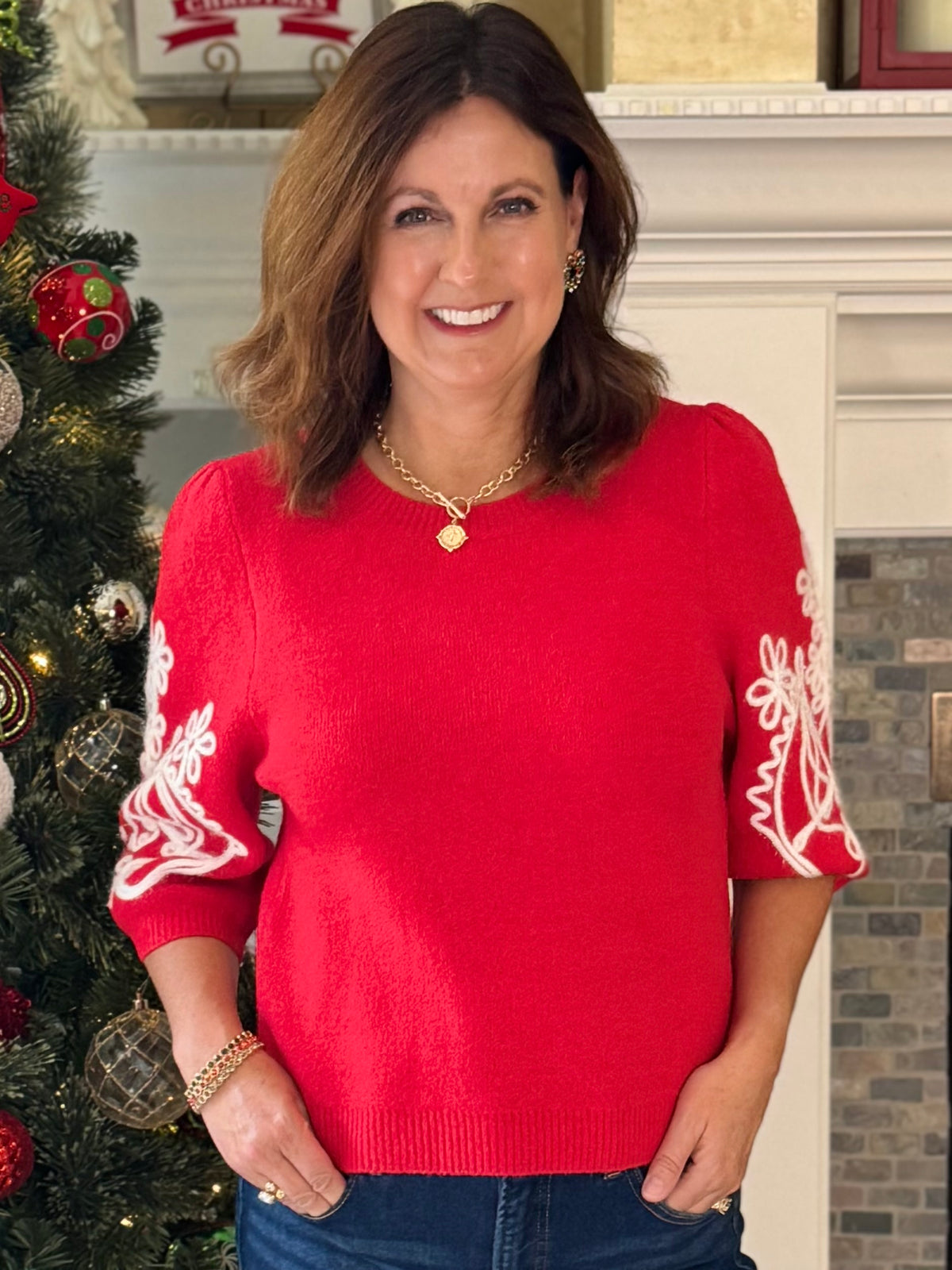 THML Red Pop Embroidered Sweater