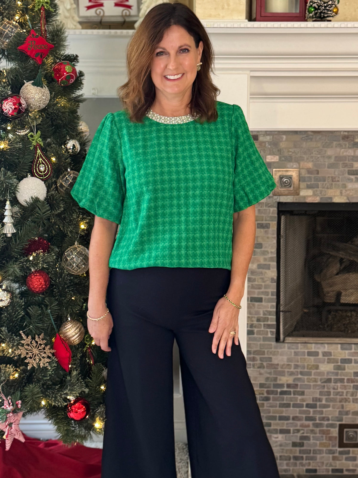 Beautifully Embellished Houndstooth Top – Green