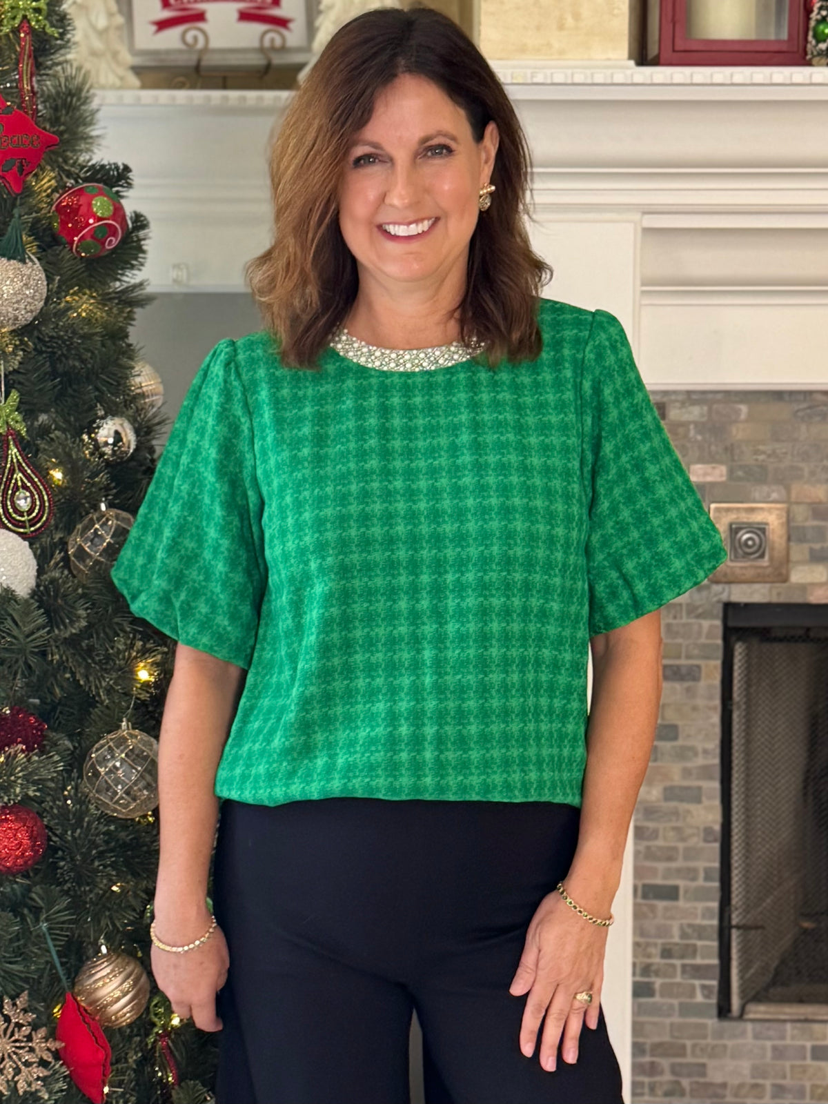 Beautifully Embellished Houndstooth Top – Green