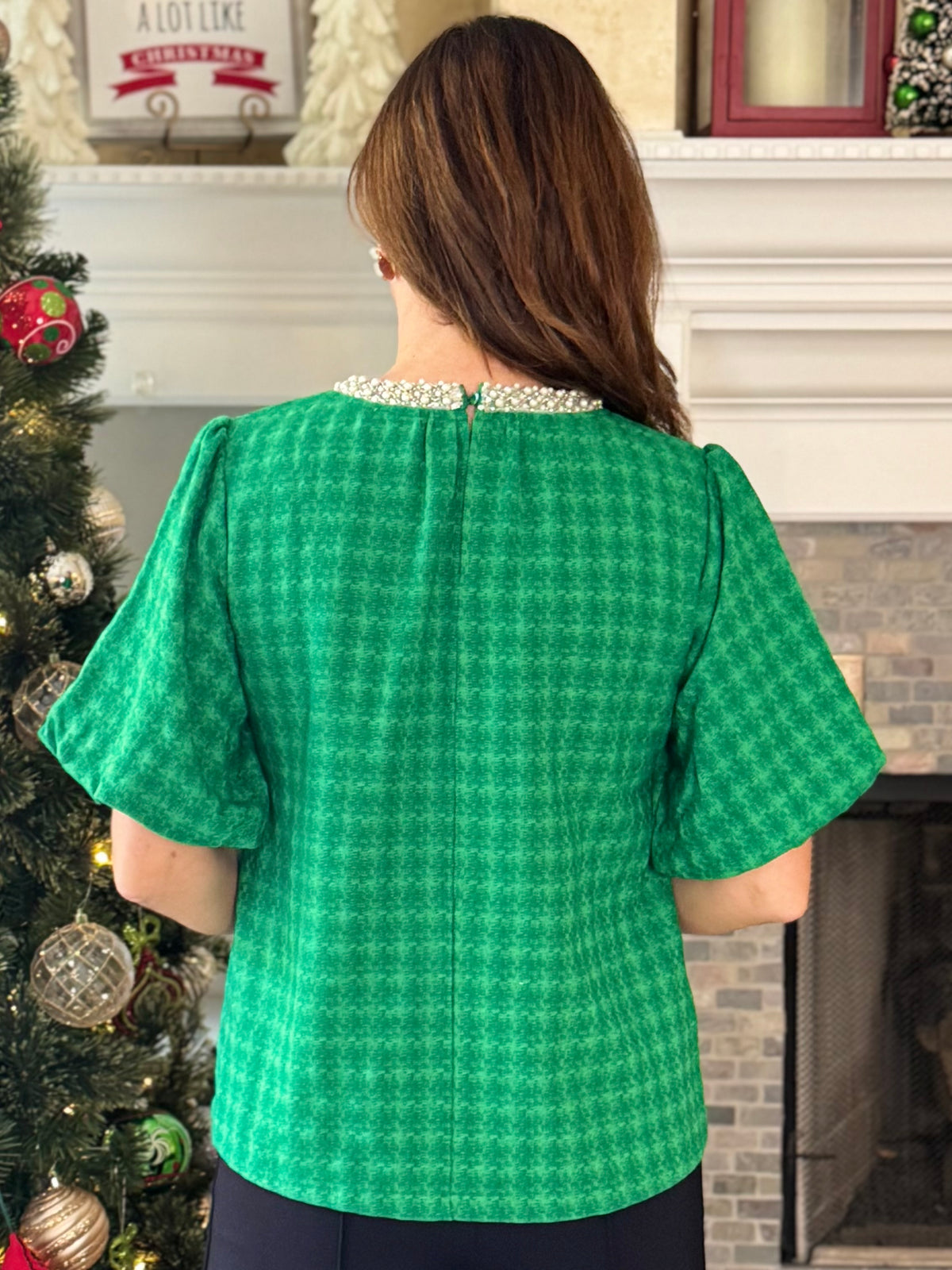 Beautifully Embellished Houndstooth Top – Green