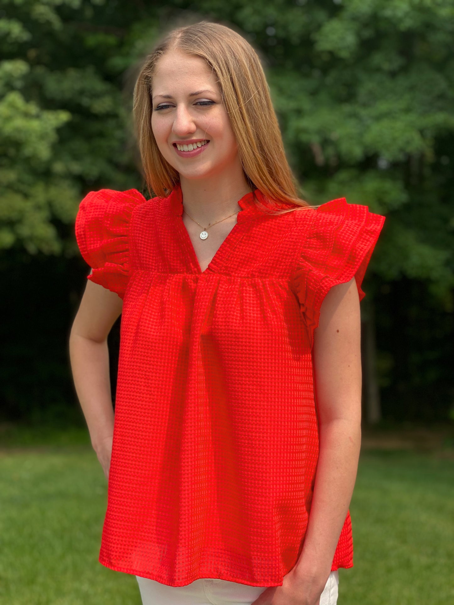 Basket Weave Ruffle Top - Red