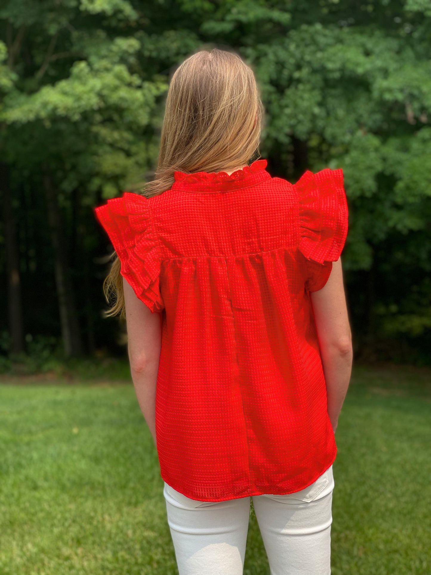 Basket Weave Ruffle Top - Red